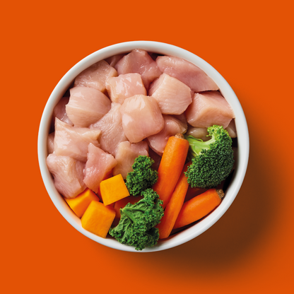 Raw Chicken 1.4kg on an orange backdrop with fresh meat, broccoli, carrots, and squash—grain-free superfoods delight.