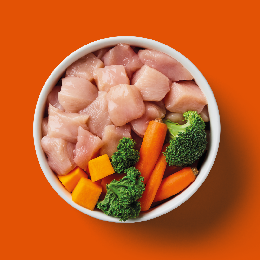 Bowl of Raw Chicken 1kg, carrots, broccoli, and sweet potatoes on an orange background.