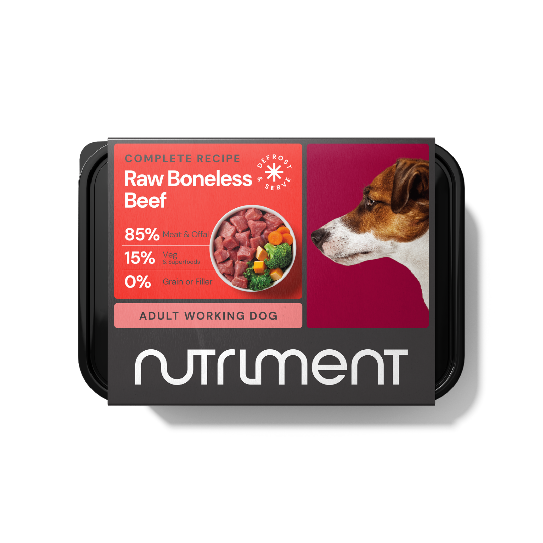 Raw Boneless Beef 500g dog food packaging features a dog and a list of superfood ingredients.