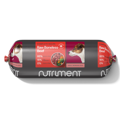 Dog food roll "Raw Boneless Beef 1.4kg," grain-free with a dog and fresh beef chunks image.