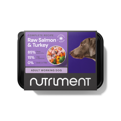 Grain-free packaging for Raw Salmon & Turkey 500g, featuring a brown dog's profile and nutritional info.