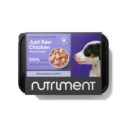 Nutriment's Weaning Paste Raw Chicken 500g features British Chicken imagery and product details on the packaging.