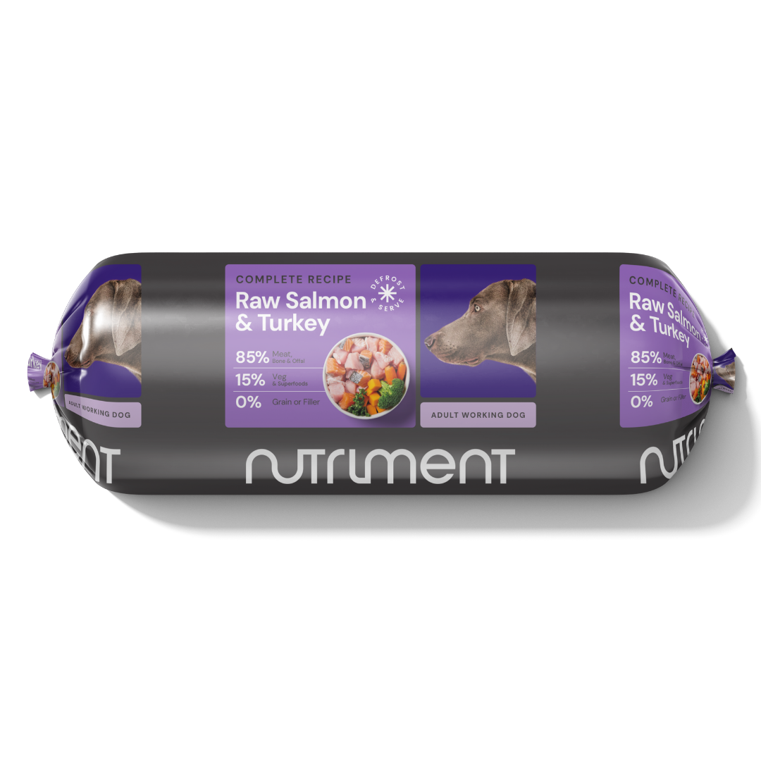 Grain-free dog food labeled "Raw Salmon & Turkey 1.4kg" features a dog image and the Nutriment logo.