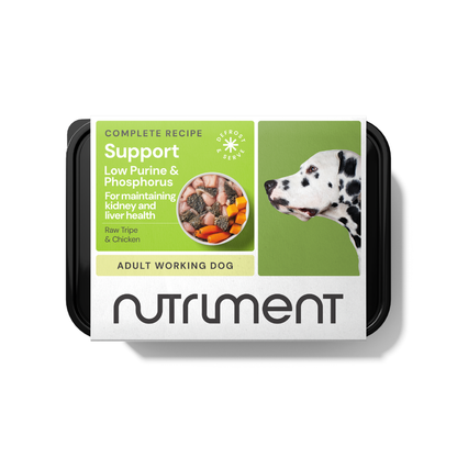 The "Low Purine & Phosphorus Support 500g" features fresh meat and bone for adult working dogs with a Dalmatian design.