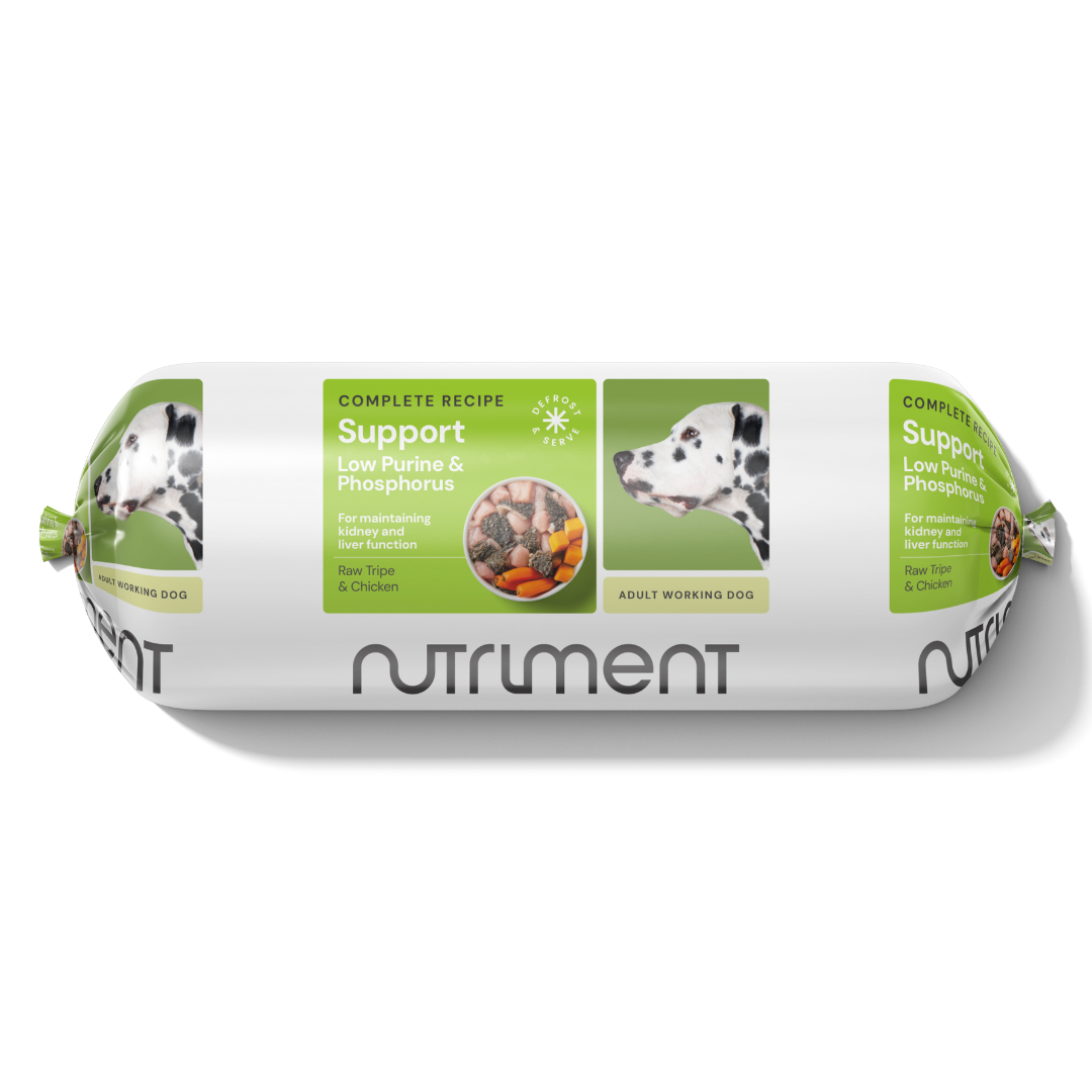 Nutriment's "Support" low-purine dog food with Dalmatian packaging, Low Purine & Phosphorus Support 1.4kg.