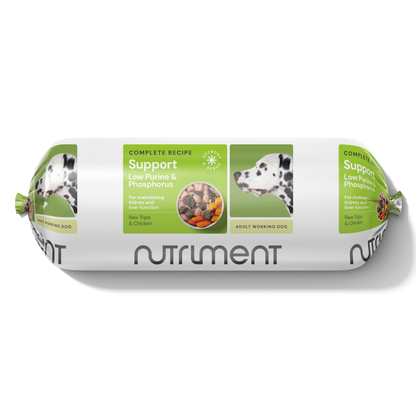 Nutriment's "Support" low-purine dog food with Dalmatian packaging, Low Purine & Phosphorus Support 1.4kg.