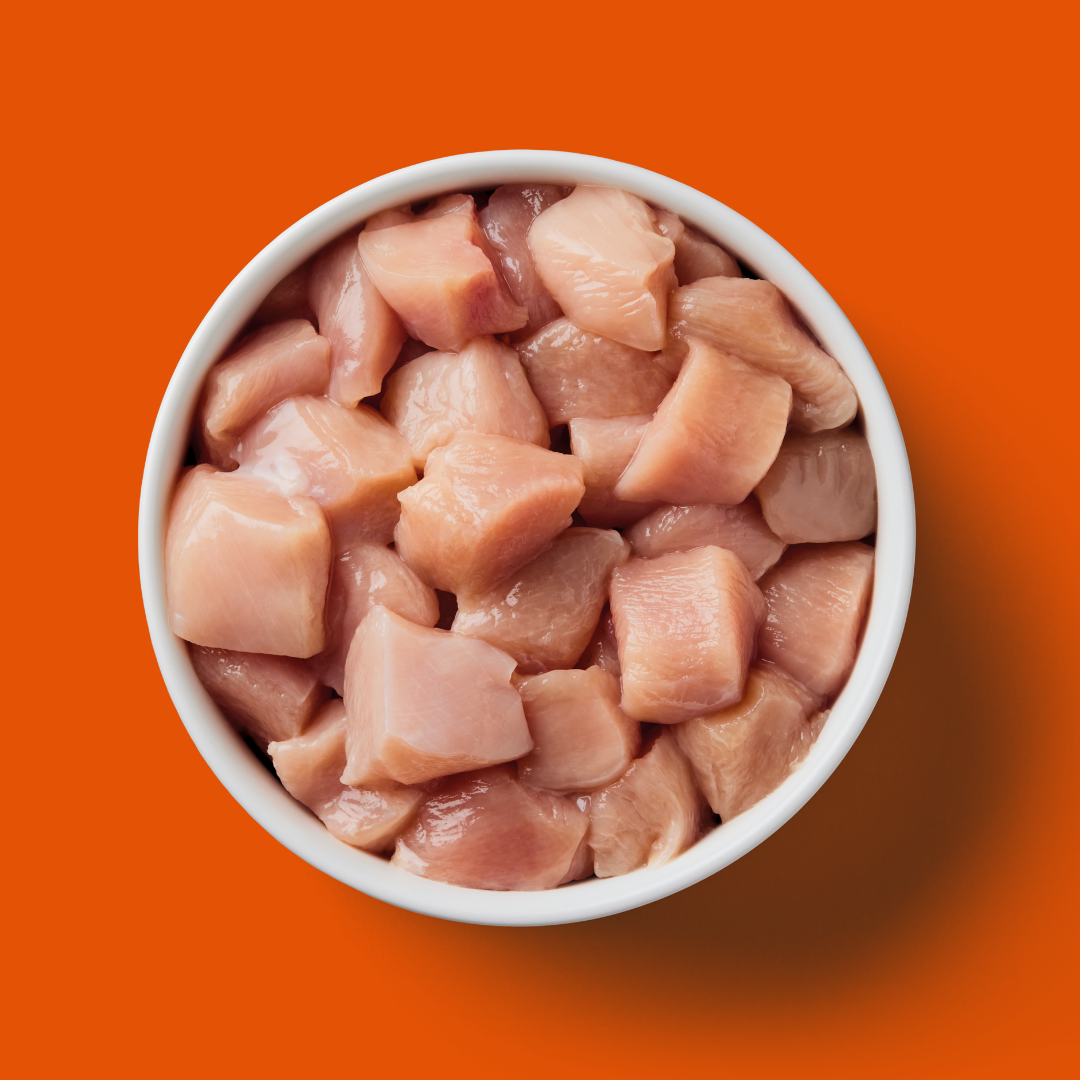 Cat Raw Chicken 500g, a quality protein, displayed against a bright orange background.