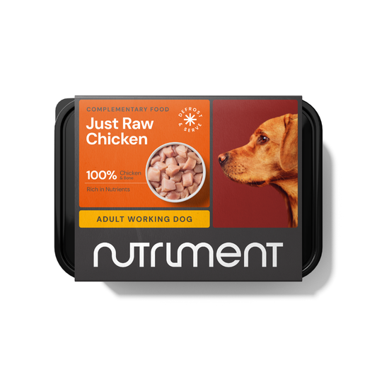 Just Raw Chicken 500g container features a dog, text "Adult Working Dog," with high-quality protein raw chicken.