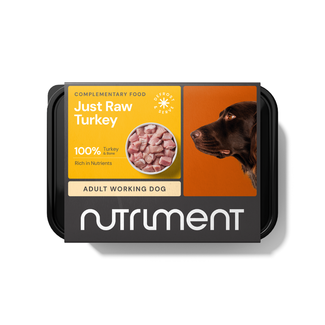 Dog food packaging: "Just Raw Turkey 500g" with diced turkey meat and a dog's profile on the label.