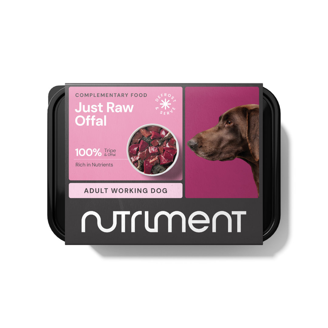 Just Raw Offal 500g" package with beef offal, features a brown dog on a pink background.