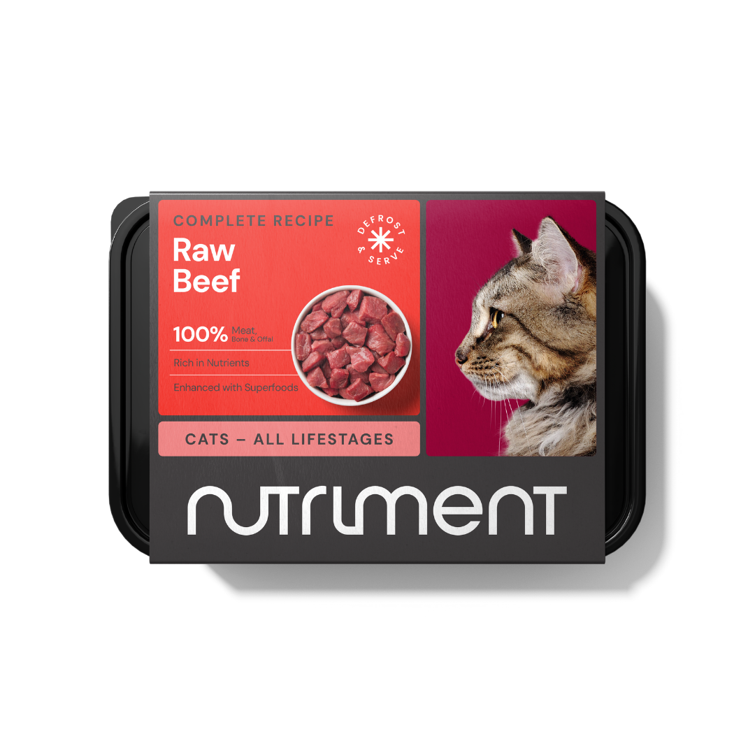 Cat Raw Beef 500g: Packaging with cat image; "Raw Beef" label, ensuring 100% meat for complete feline nutrition.