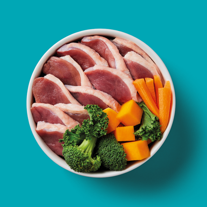 Bowl of fresh Raw Duck 1.4kg with broccoli, carrots, and leafy superfoods on a turquoise background.