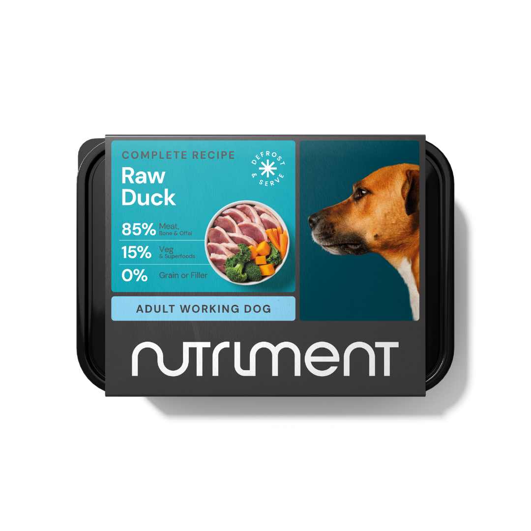 Raw Duck 500g dog food with duck slice photo, for adult working dogs. Grain-free and fresh.