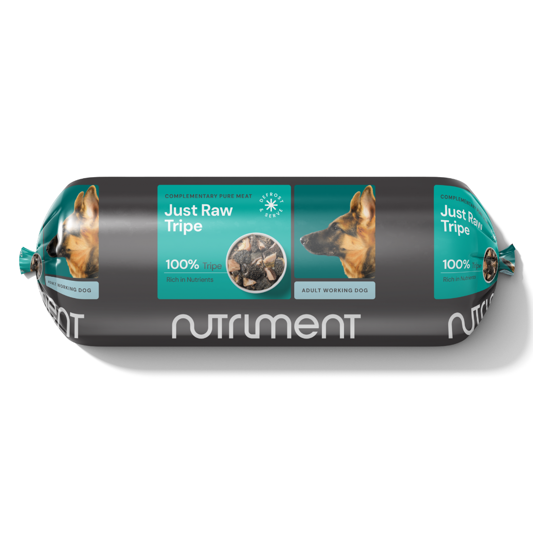 Nutriment's "Just Raw Tripe 1.4kg" dog food with Beef Green Tripe is in a green package featuring a dog image.