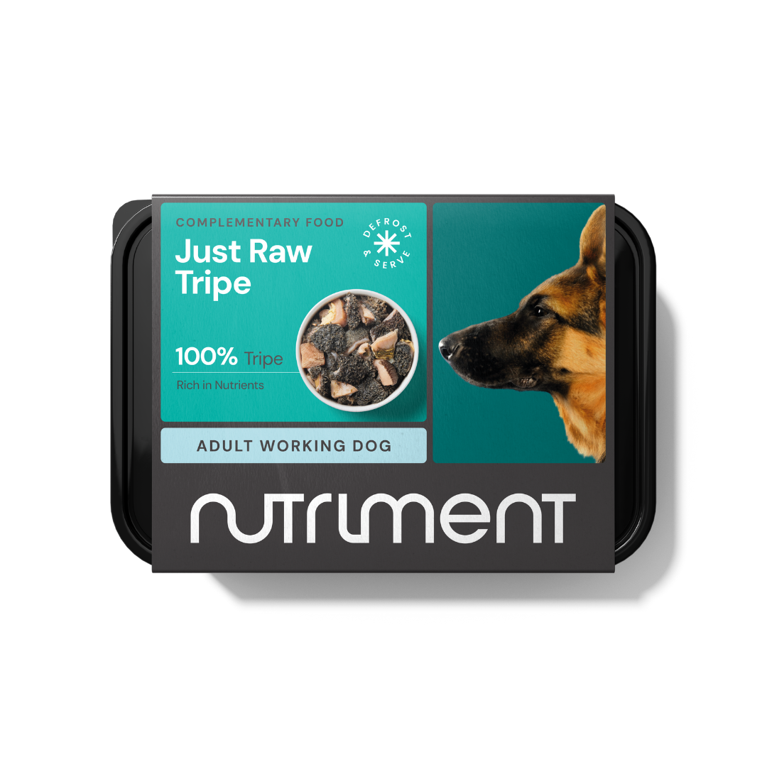 Black "Just Raw Tripe 500g" dog food container featuring a German Shepherd image.