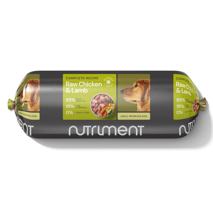 Grain-free Raw Chicken and Lamb 1.4kg dog food roll with Nutriment branding, featuring a dog and fresh meat graphics.