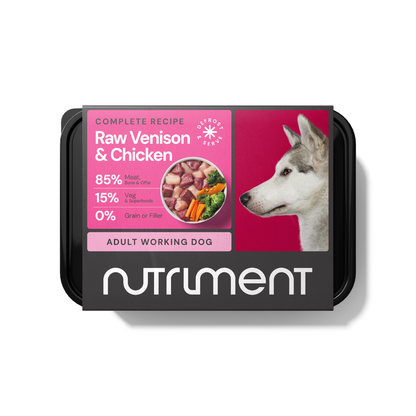 Grain-free dog food in 500g packs: Husky on label, "85% Meat, 15% Veggies" - Raw Venison & Chicken.