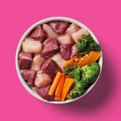 Bowl of Raw Venison & Chicken 500g raw dog food with broccoli, carrots, and leafy greens on a pink background.