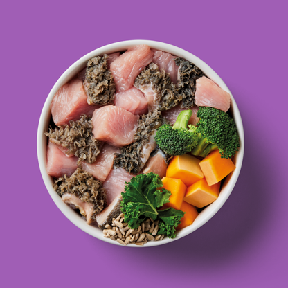 A high-protein Sensitive Support 500g bowl of fish, broccoli, orange cubes, kale, and seeds on a purple background.