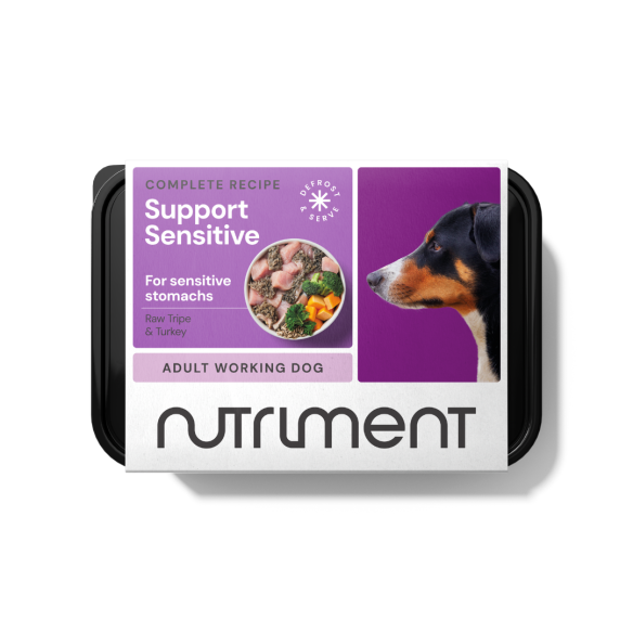 The Sensitive Support 500g dog food features allergen-free packaging with a dog image on a purple background.