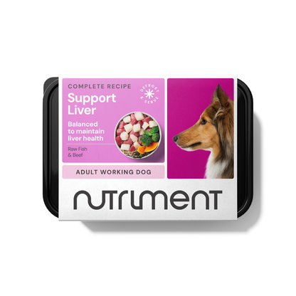 Liver Support 500g dog food has a collie on the package, highlighting liver health and essential fatty acids for adults.