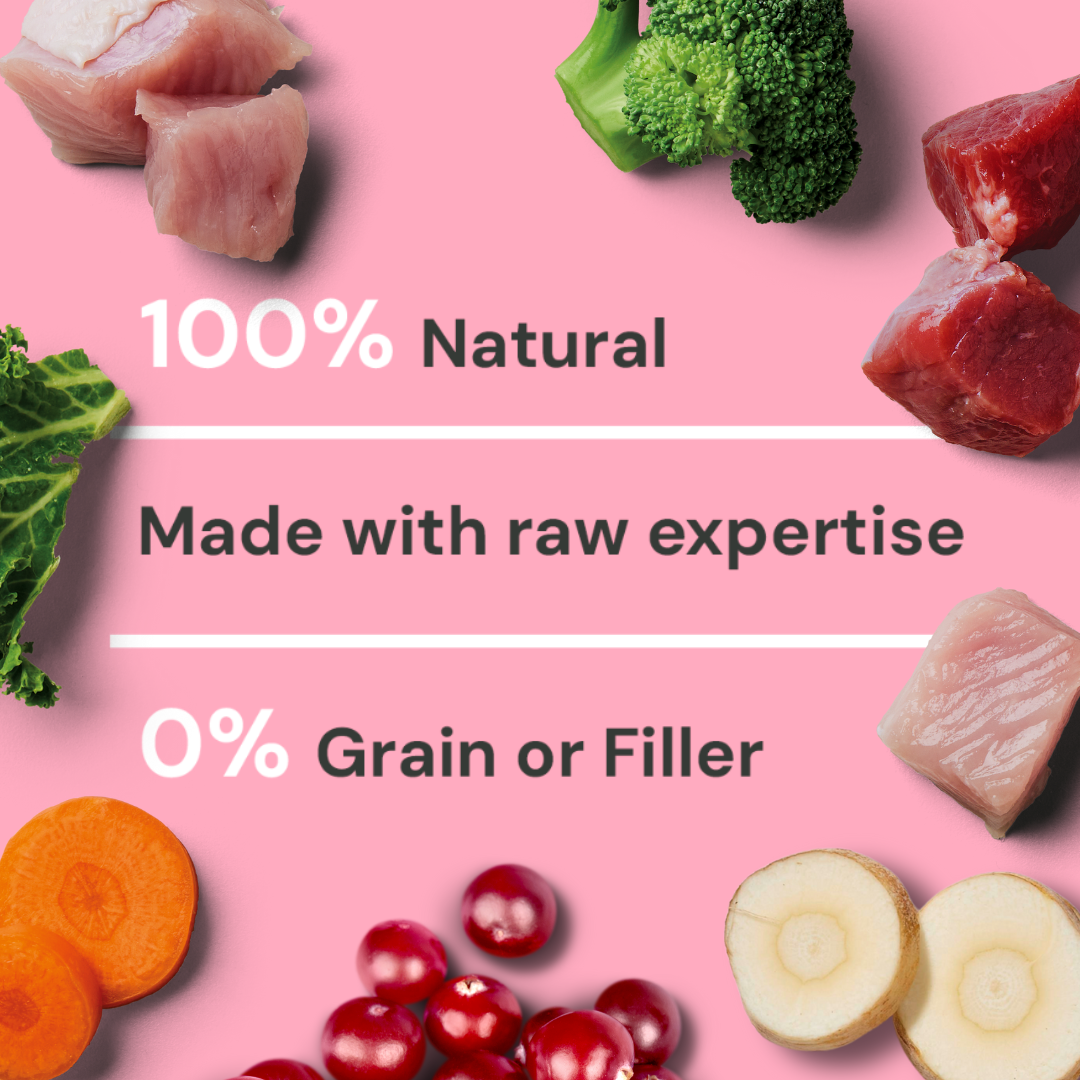 Raw Venison & Turkey 500g - 100% Natural, superfood expertise, no grain or filler, on pink background.