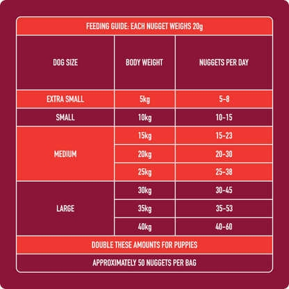 Chart showing Raw Beef Nuggets 1kg feeding guide for dogs by size and weight, with fresh nuggets daily.