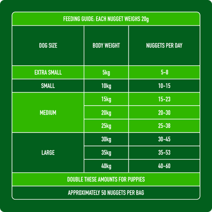 The Raw Lamb Nuggets 1kg guide shows daily grain-free portions based on your dog's size and weight.