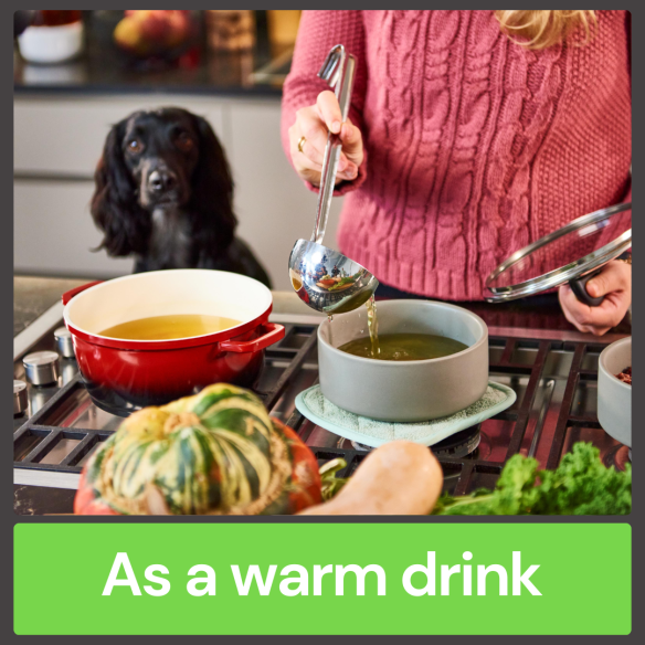 Person ladles Lamb Bone Broth 500ml from pot as dog watches, with text: "Enjoy it warm.