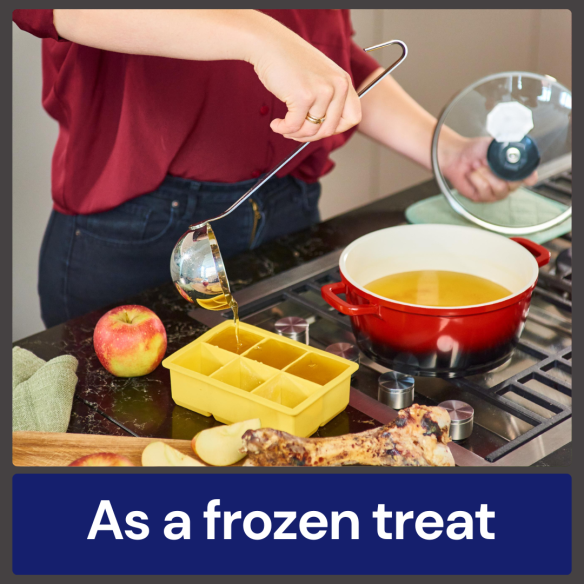 Pour Fish Bone Broth into a yellow ice tray beside a red pot, with an apple and chicken drumstick nearby.