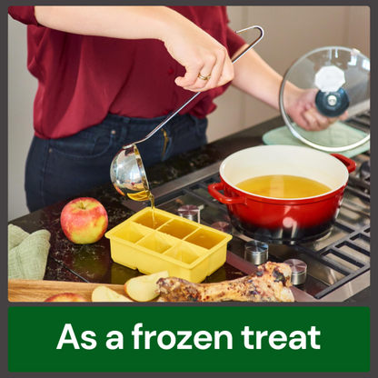 A person pours Lamb Bone Broth into an ice cube tray near a red pot; an apple and chicken bone are nearby.