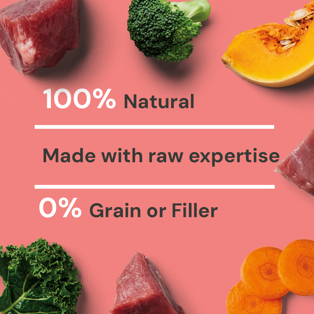 Raw Boneless Beef 1kg: British beef and veggies, 100% natural, expertly made with no grain or filler.