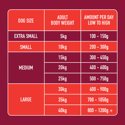 Feeding chart for Raw Boneless Beef 1kg with Organic Virgin Coconut Oil, detailing sizes, weights, and daily food.