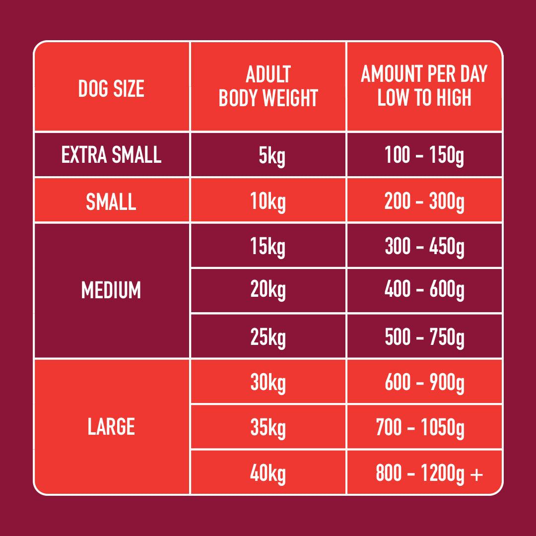 Grain-free dog feeding chart with Raw Boneless Beef 500g: daily amounts from 100g to 1200g+, varies by size and weight.