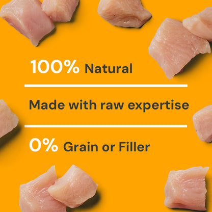 Cat Raw Chicken 500g on orange backdrop: "Complete food for cats, 0% Grain or Filler.