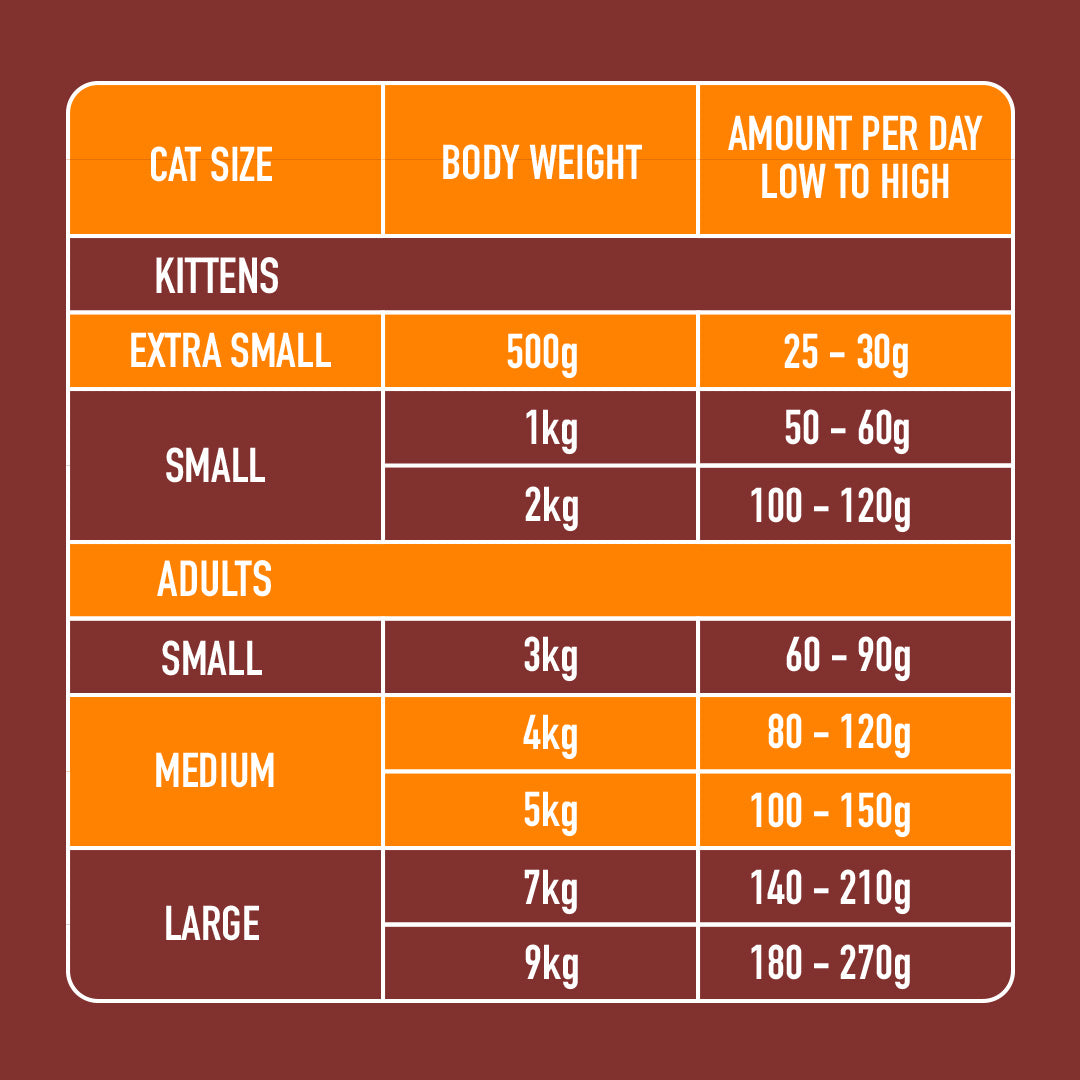 Chart of daily amounts for cats by size, 25g to 270g, using Cat Raw Chicken 500g with high-quality protein formula.