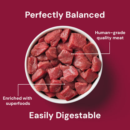 Cat Raw Beef 500g: Bowl of 100% human-grade meat chunks with superfoods on a red background.