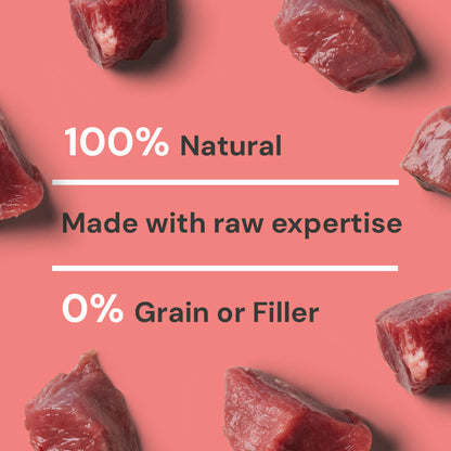 Cat Raw Beef 500g: 100% Natural, Beef Formula, crafted with raw expertise, contains 0% Grain or Filler.