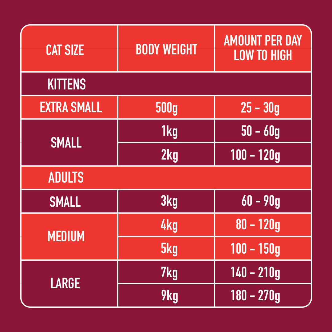 Cat Raw Beef 500g feeding chart: body weight & daily amount for kittens & adult cats by size.