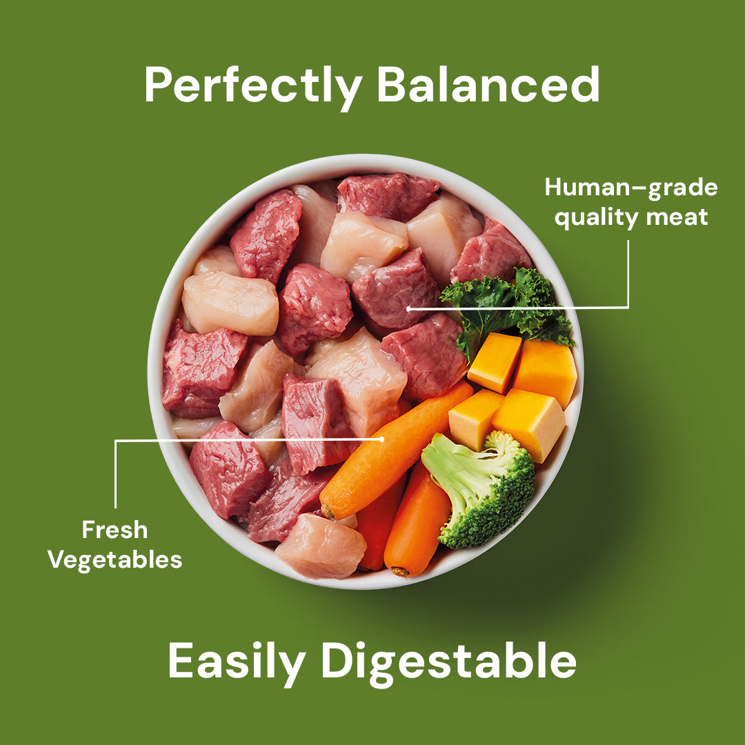 A green label "Perfectly Balanced" and "Easily Digestible" on Raw Chicken and Lamb 1.4kg with fresh meat & veggies.