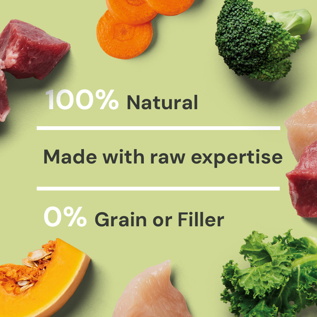 Text on a green background reads: "100% Natural, 0% Grain or Filler, Made with raw expertise" with superfoods and ingredients.