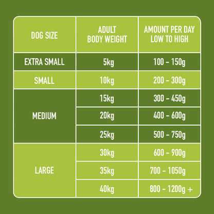 Dog feeding chart: Raw Chicken & Lamb 500g, fresh meat options for all sizes, detailing weight and grams.