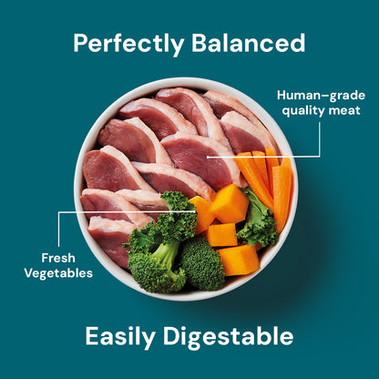 Raw Duck 500g" with fresh meat, broccoli, and carrots is "Perfectly Balanced," "Grain-free & Easily Digestible.