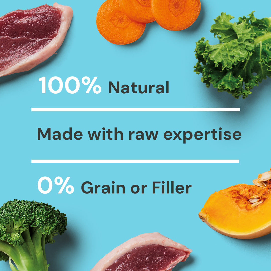 Blue background with Raw Duck 500g, fresh meat & veggies: "100% Natural, Grain-free, 0% Filler.