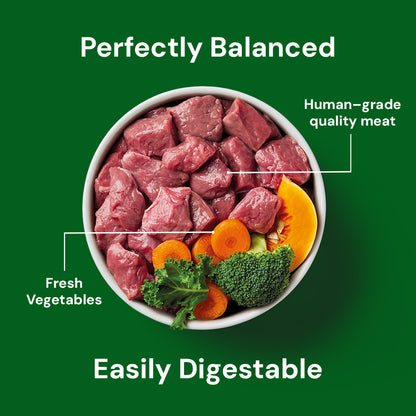 Bowl of Raw Lamb 1.4kg with veggies labeled "Perfectly Balanced" on a green, nutrient-rich background.