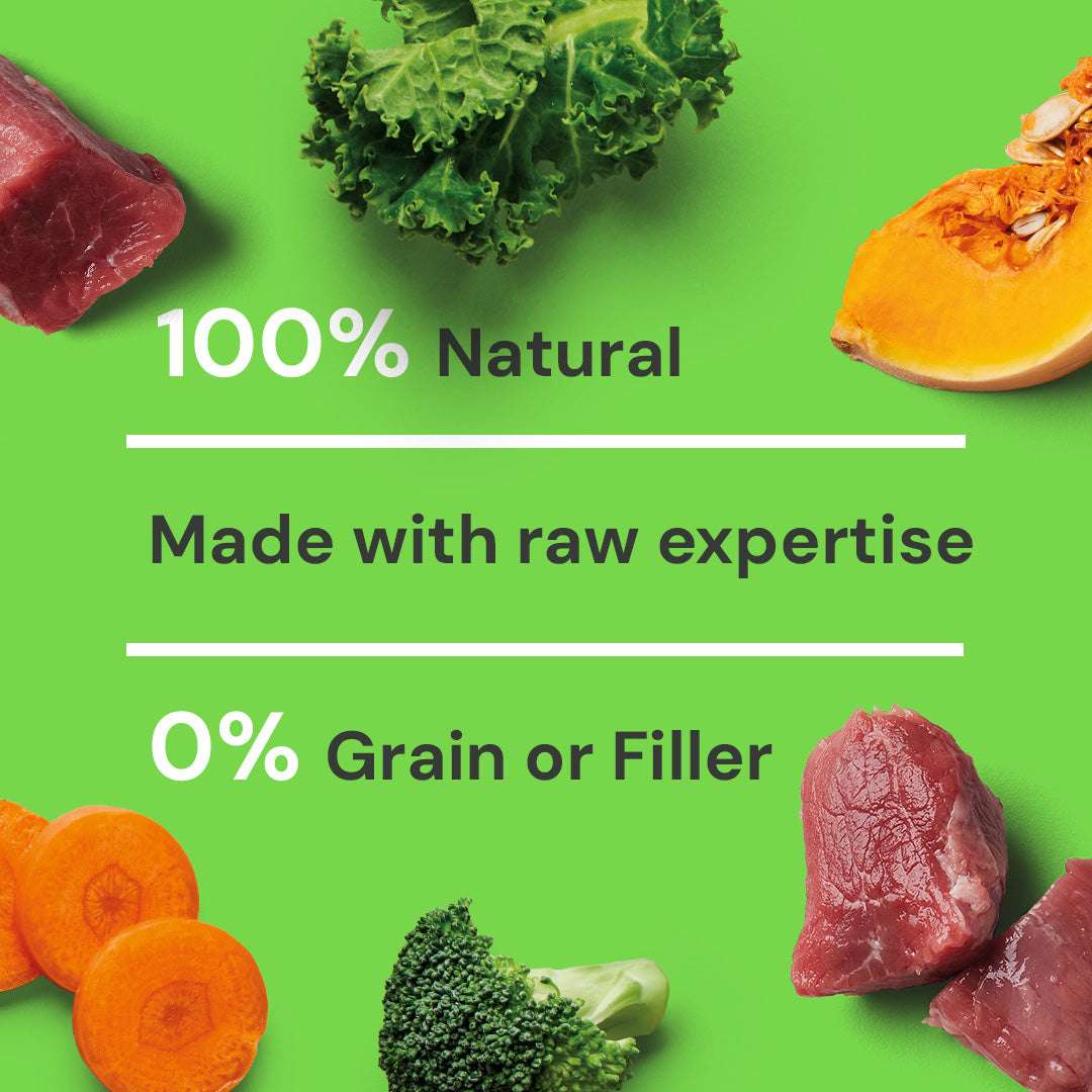 Fresh meat, kale, pumpkin, and broccoli on green backdrop. Raw Lamb 500g: 100% Natural, Grain-Free Superfoods.