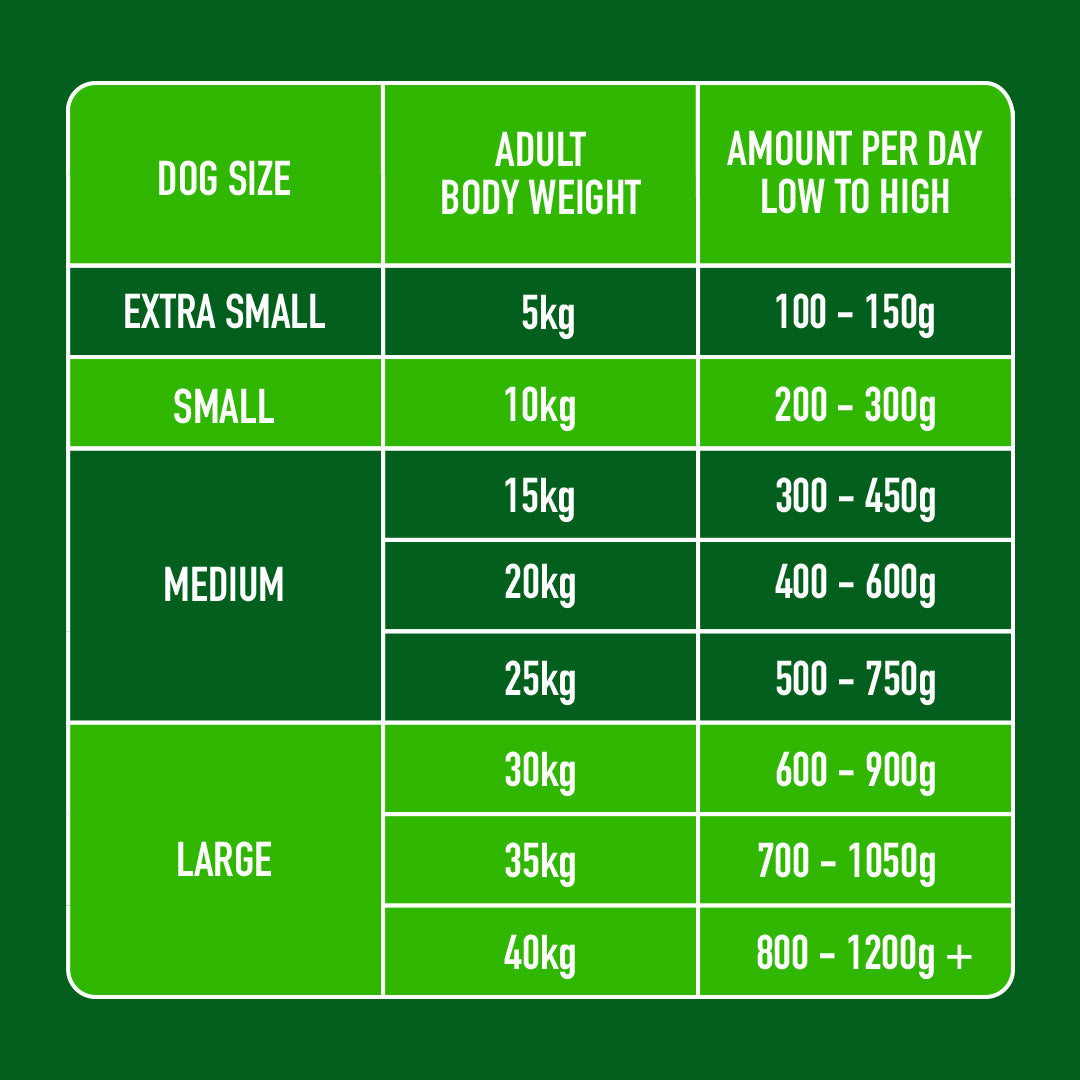 Green chart for Raw Lamb 1.4kg: Grain-free feeding guidelines for dogs, 5kg to 40kg, extra small to large sizes.