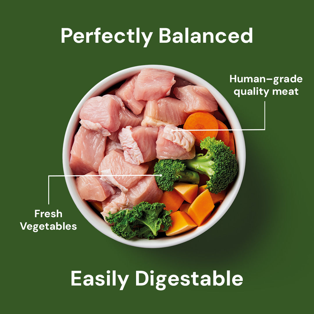 Bowl with raw meat, broccoli, carrots; labeled "Raw Rabbit 500g" and "Easily Digestible" on green background.