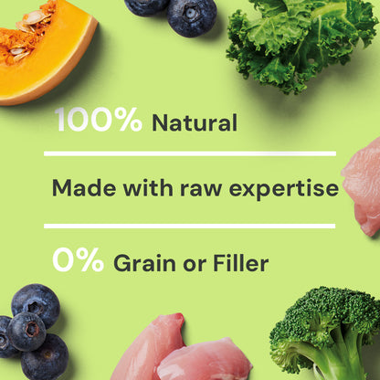 The Raw Rabbit 500g features fresh superfoods like blueberries, chicken, and broccoli on a natural green backdrop.