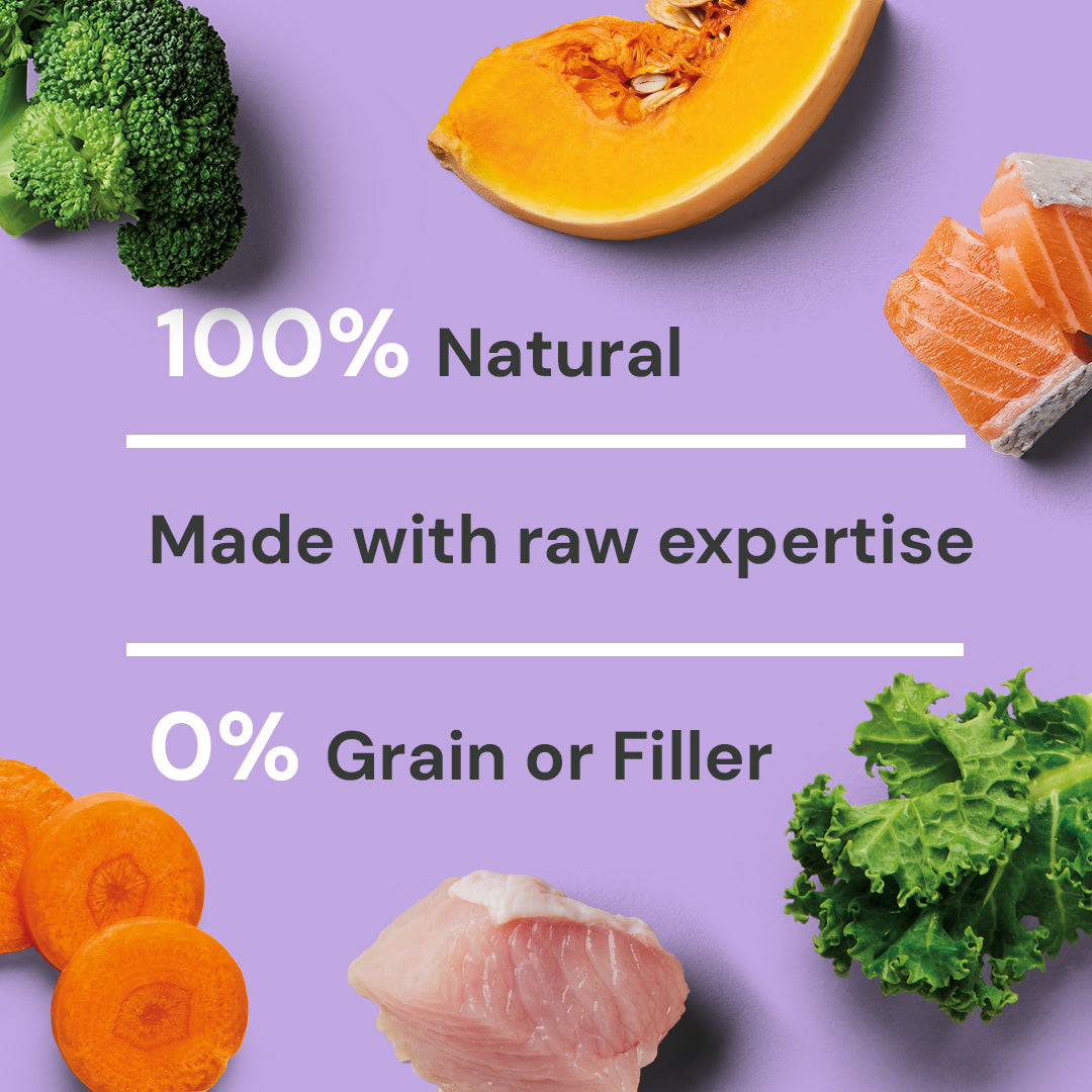 Ingredients on purple: broccoli, squash, salmon, carrots, chicken, kale. "100% Natural, 0% Grain." - Salmon & Turkey 1.4kg.